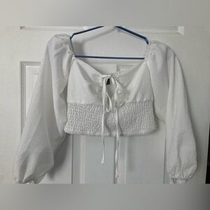 SHEIN White Puff Sleeve Smocked Crop Blouse Small